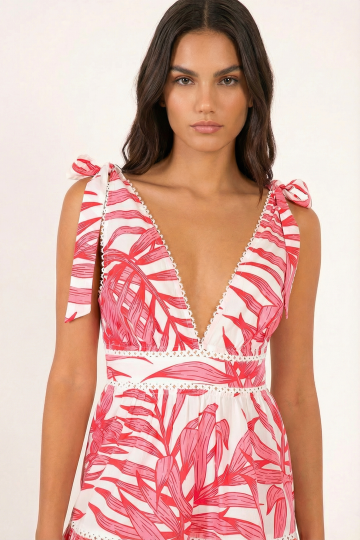 Mini Dress Cara - Pink Palm Leaf - Poupette St Barth
