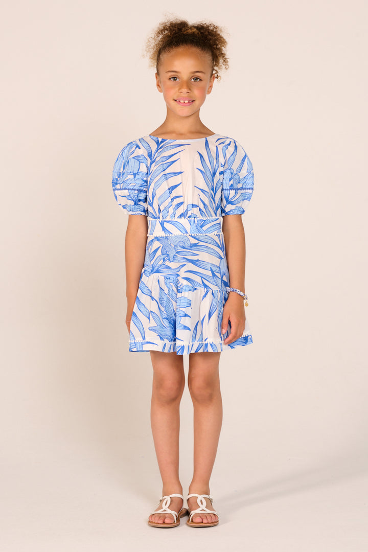 Blue palm leaf mini dress for girls by Poupette St Barth, featuring a stylish and comfortable design perfect for warm weather.