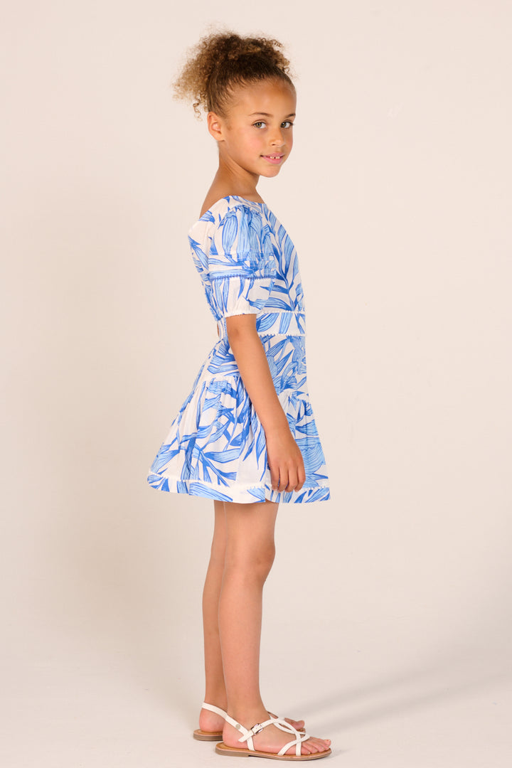 Blue Palm Leaf mini dress for girls by Poupette St Barth, featuring a stylish and comfortable design for warm weather.