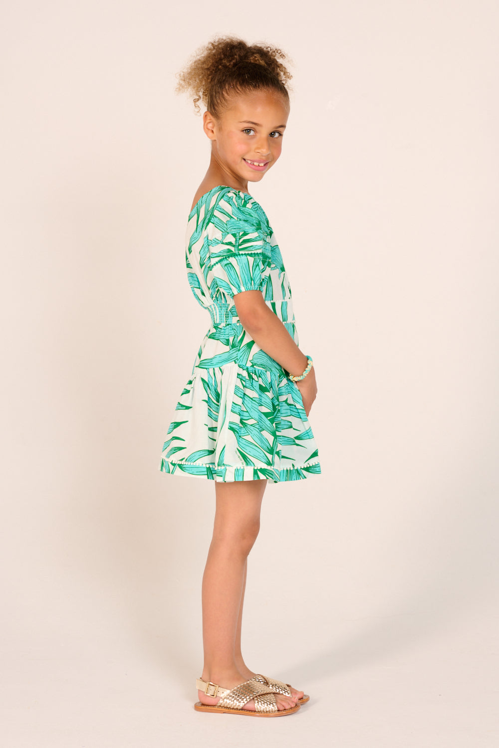 Mini Dress Chantal for girls - Green Palm Leaf - Poupette St Barth