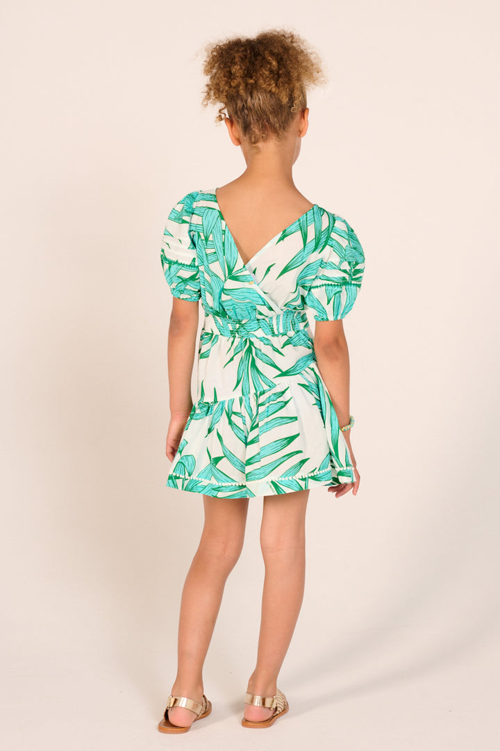 Mini Dress Chantal for girls - Green Palm Leaf - Poupette St Barth