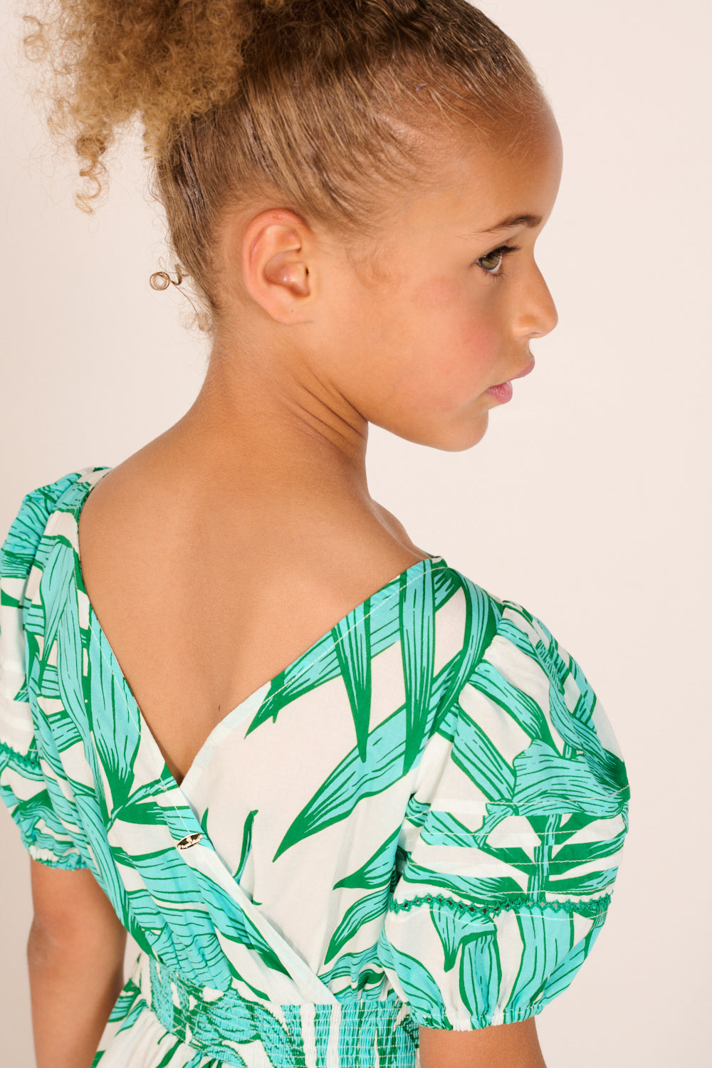 Mini Dress Chantal for girls - Green Palm Leaf - Poupette St Barth