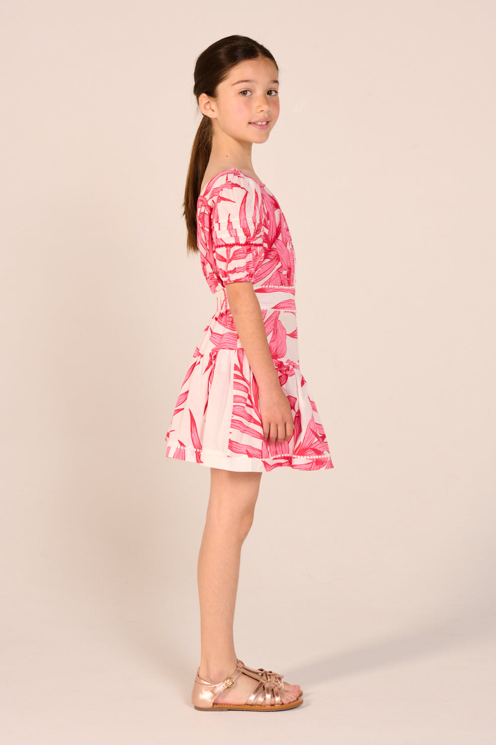 Mini Dress Chantal for girls - Pink Palm Leaf - Poupette St Barth