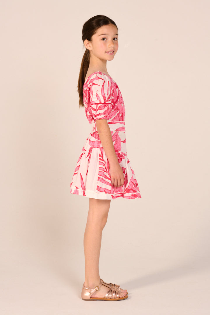 Mini Dress Chantal for girls - Pink Palm Leaf - Poupette St Barth