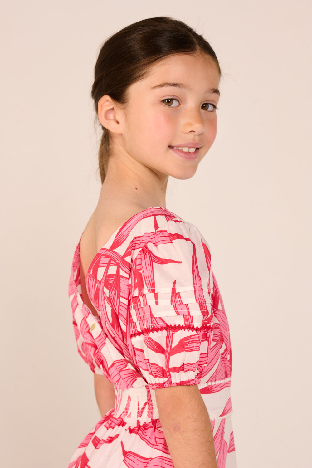 Mini Dress Chantal for girls - Pink Palm Leaf - Poupette St Barth