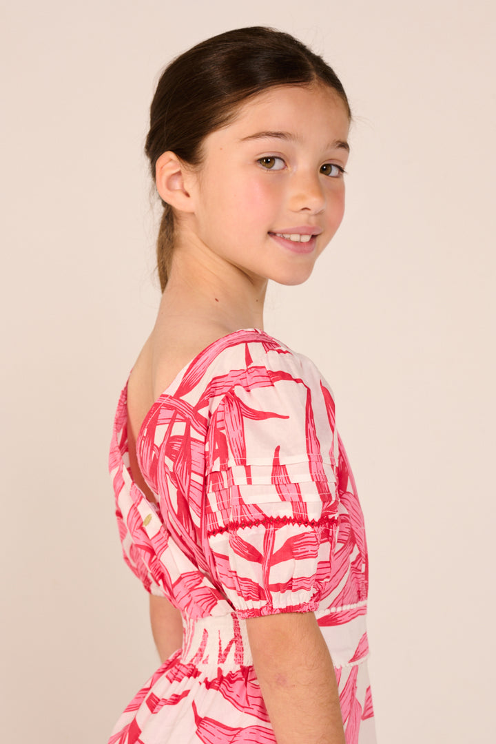 Mini Dress Chantal for girls - Pink Palm Leaf - Poupette St Barth