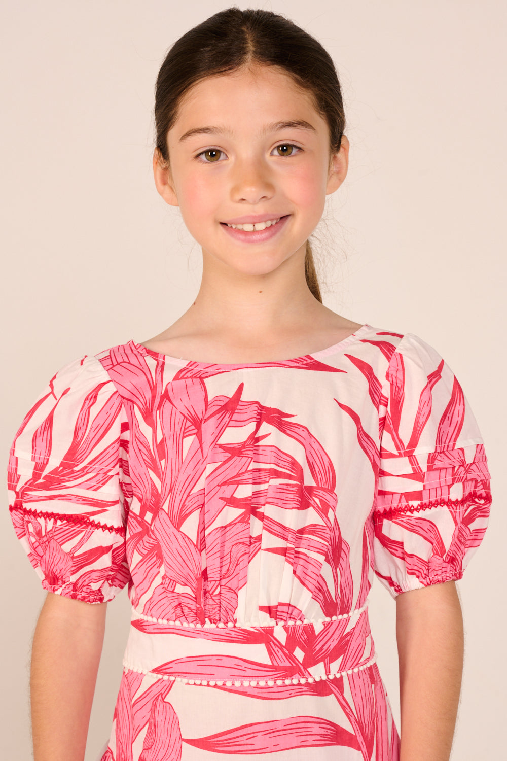 Mini Dress Chantal for girls - Pink Palm Leaf - Poupette St Barth