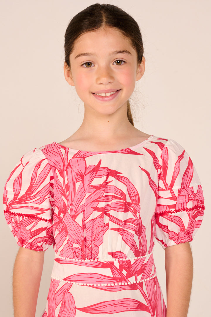 Mini Dress Chantal for girls - Pink Palm Leaf - Poupette St Barth