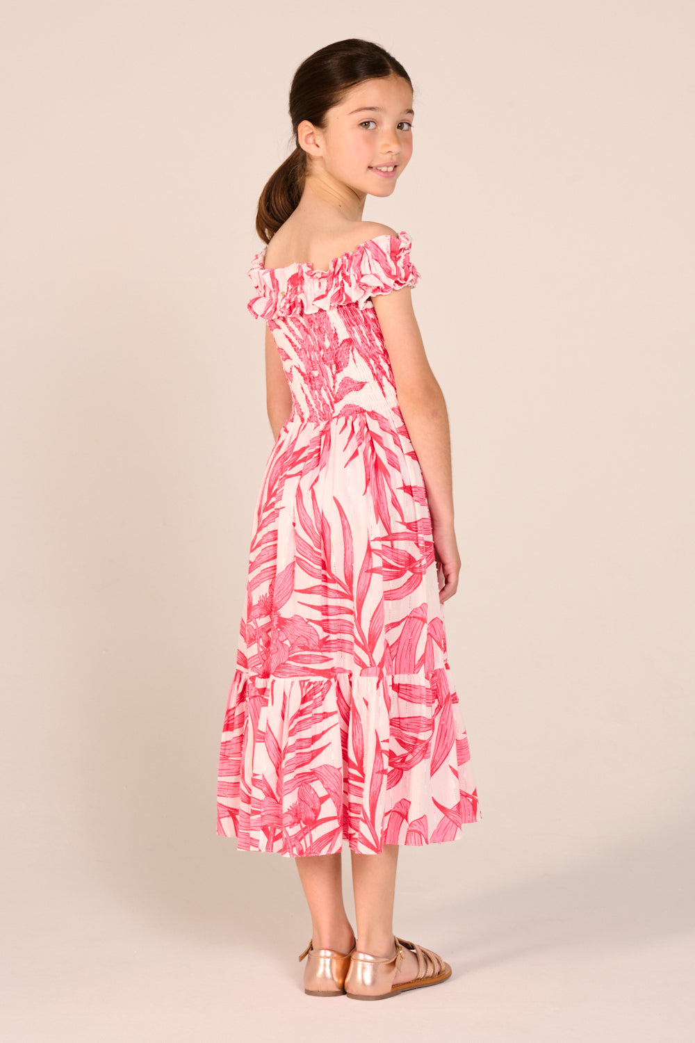 Long Dress Suzanne for girls - Pink Palm Leaf - Poupette St Barth