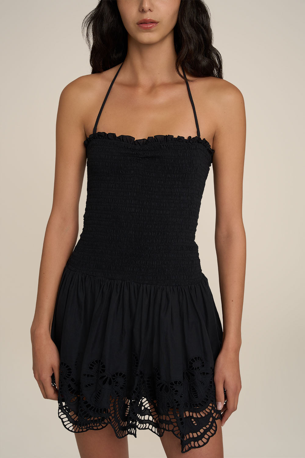 Black Mini Dress Circe by Poupette St Barth featuring a sleek, fitted silhouette and stylish short sleeves.
