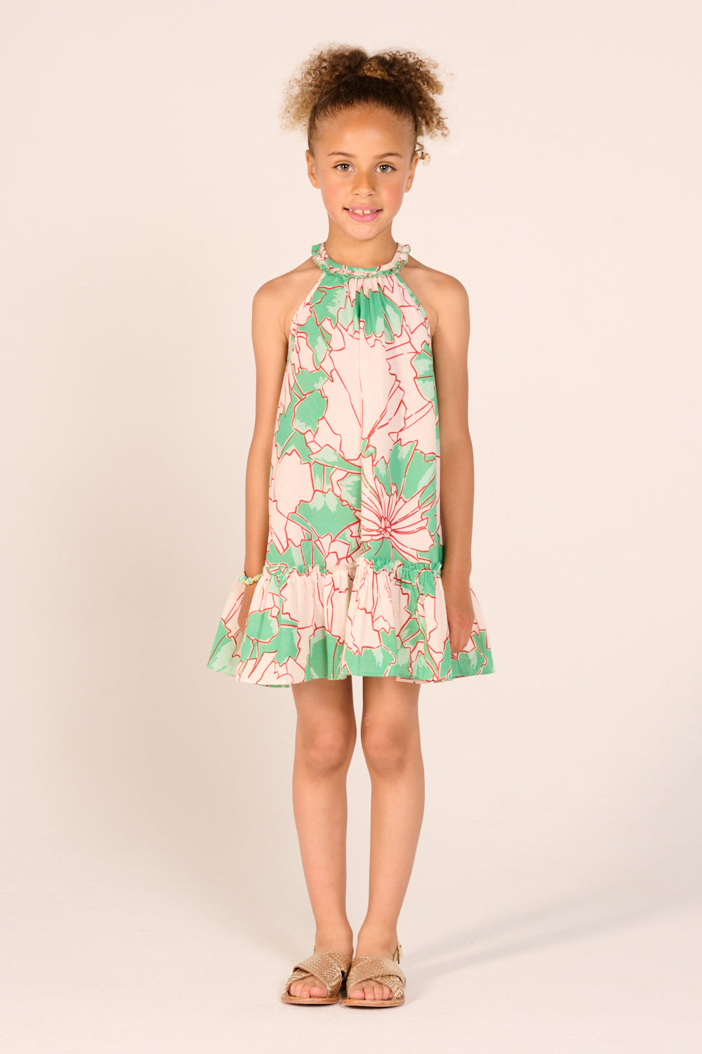 Mini Dress Cleo for girls - Green Petal - Poupette St Barth