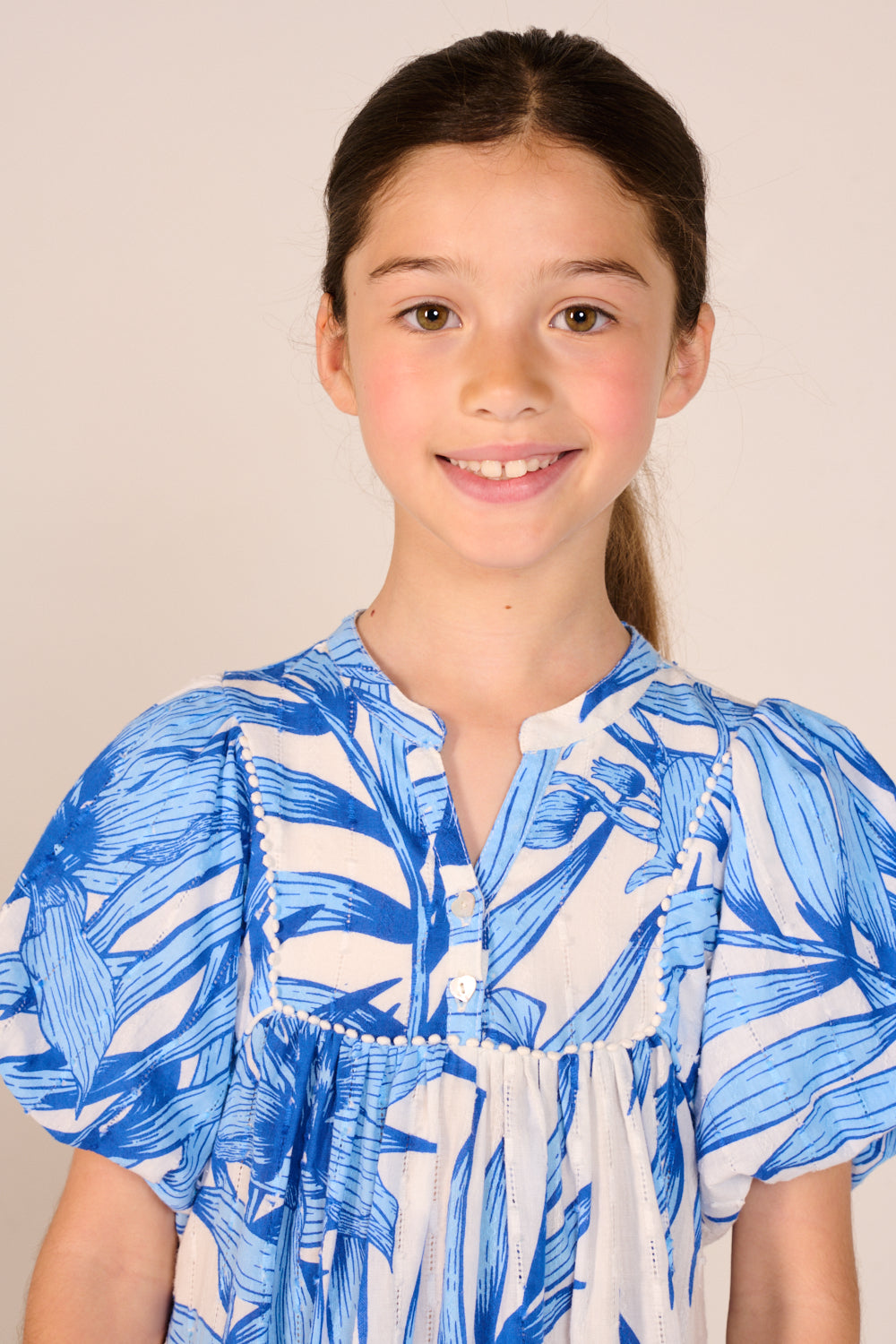 Mini Dress Cruz for girls - Blue Palm Leaf - Poupette St Barth