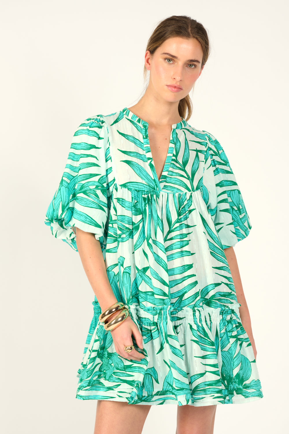 Mini Dress Cruz - Green Palm Leaf - Poupette St Barth
