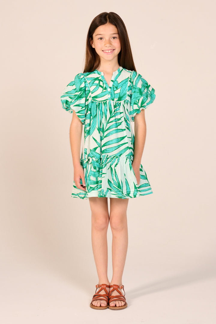 Mini Dress Cruz for girls - Green Palm Leaf - Poupette St Barth