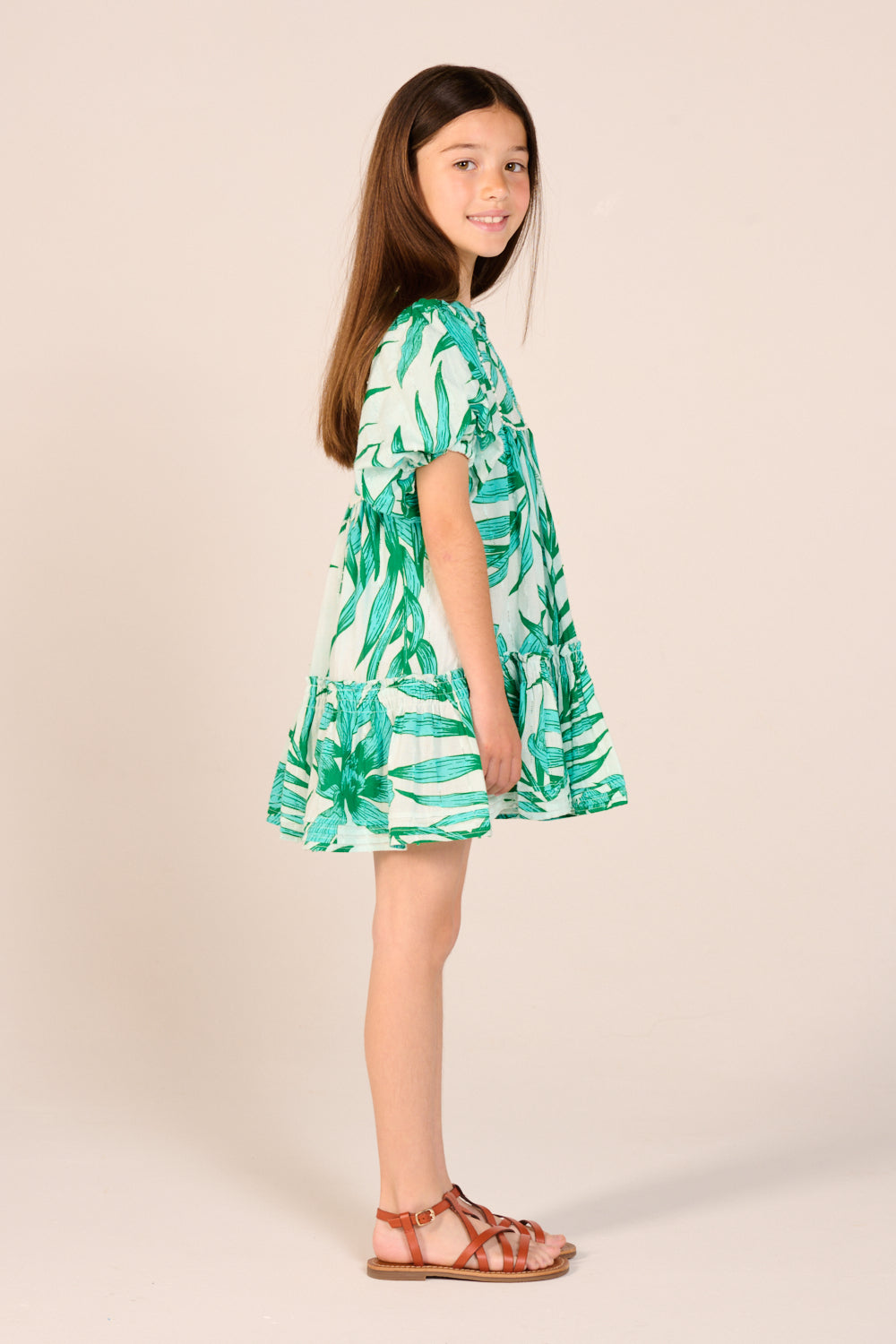 Mini Dress Cruz for girls - Green Palm Leaf - Poupette St Barth