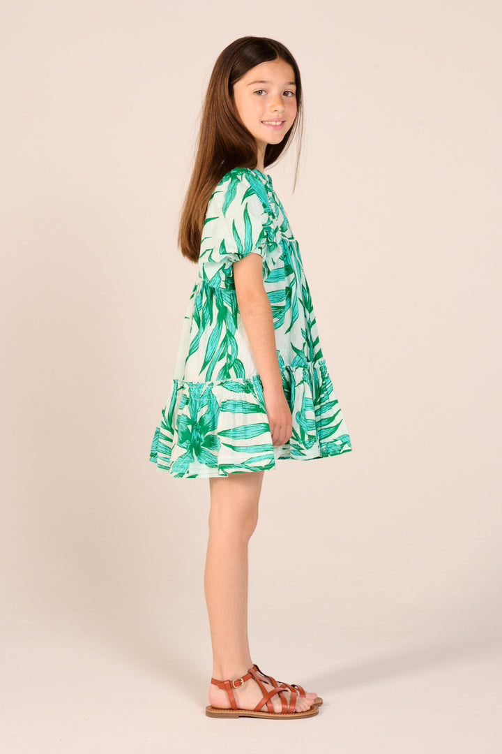 Mini Dress Cruz for girls - Green Palm Leaf - Poupette St Barth