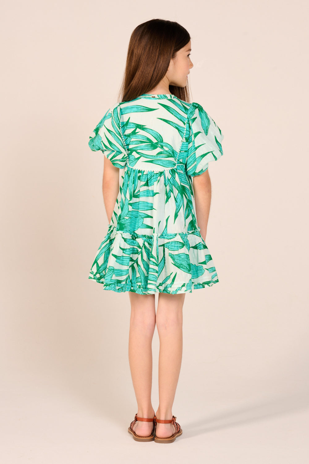 Mini Dress Cruz for girls - Green Palm Leaf - Poupette St Barth