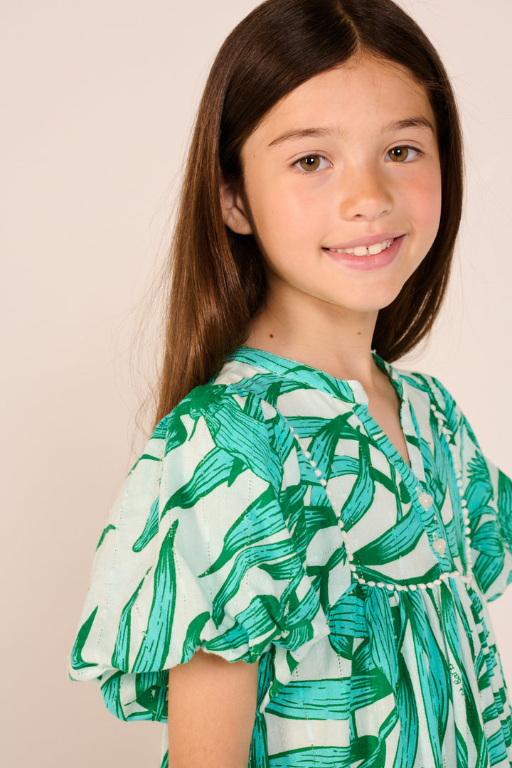 Mini Dress Cruz for girls - Green Palm Leaf - Poupette St Barth