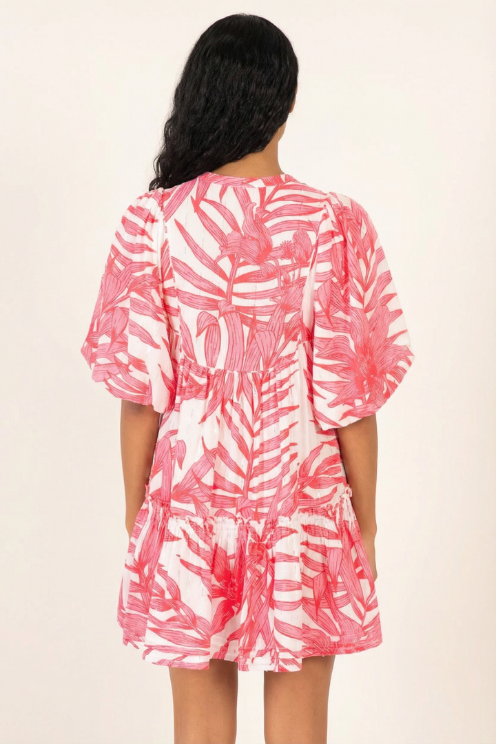 Mini Dress Cruz - Pink Palm Leaf - Poupette St Barth