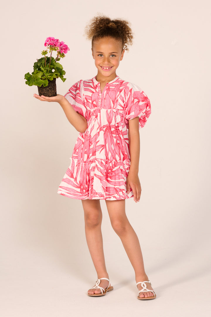 Mini Dress Cruz for girls - Pink Palm Leaf - Poupette St Barth