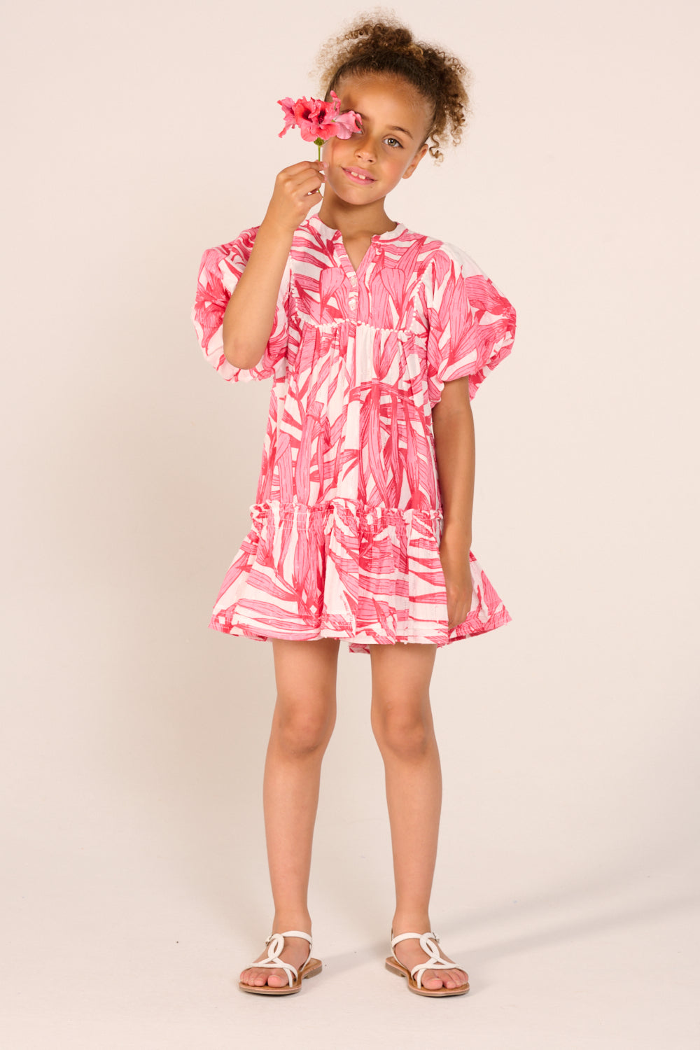 Mini Dress Cruz for girls - Pink Palm Leaf - Poupette St Barth