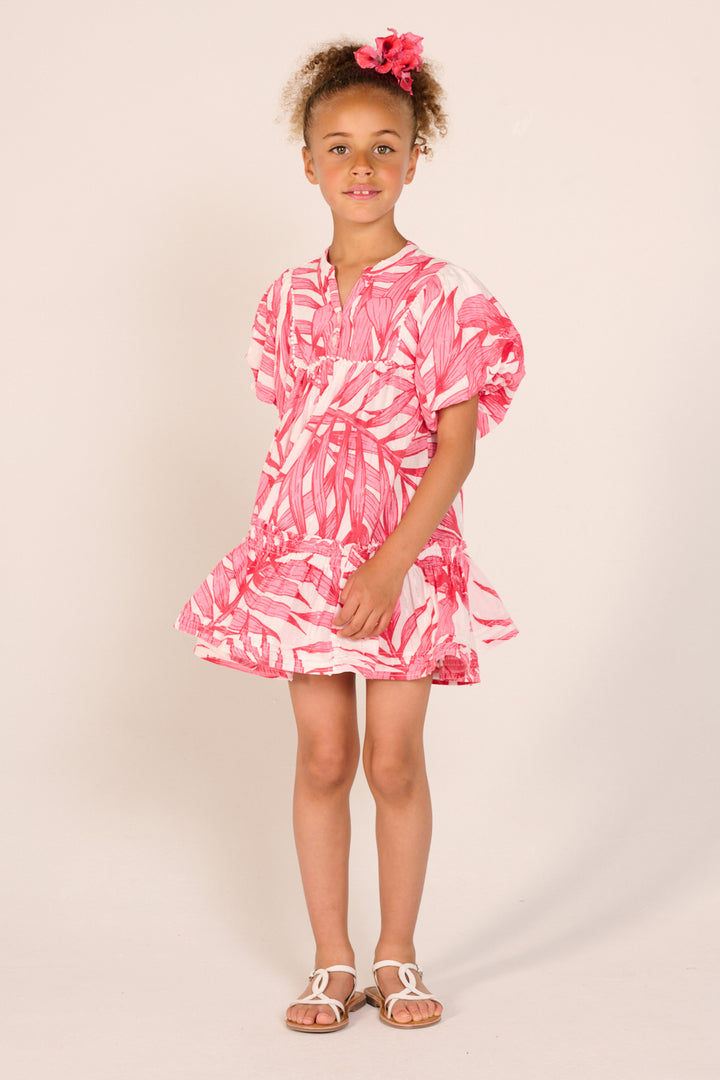 Mini Dress Cruz for girls - Pink Palm Leaf - Poupette St Barth