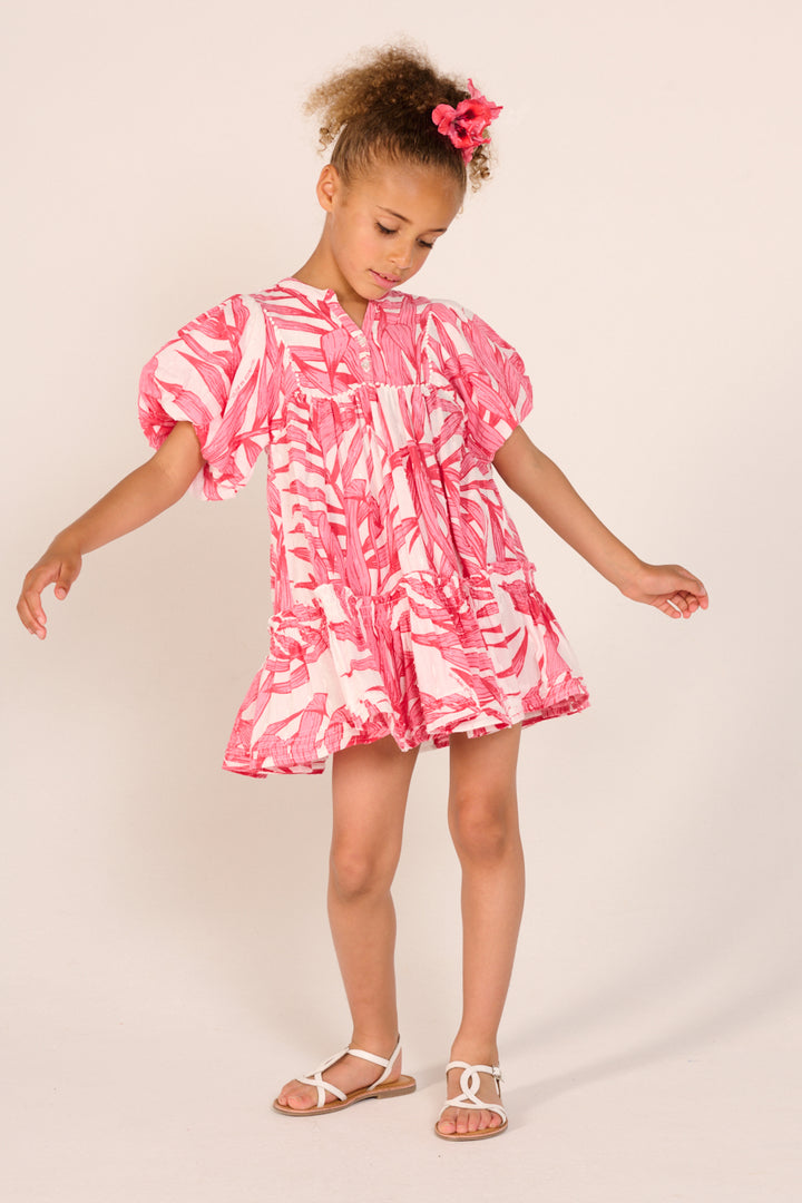 Mini Dress Cruz for girls - Pink Palm Leaf - Poupette St Barth