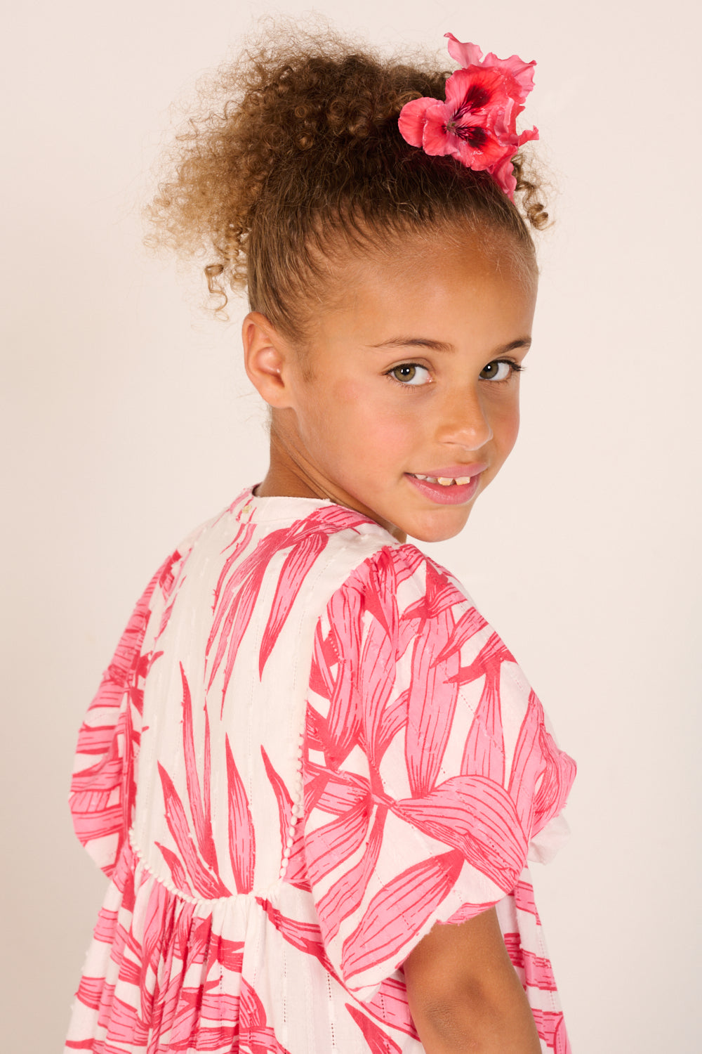Mini Dress Cruz for girls - Pink Palm Leaf - Poupette St Barth