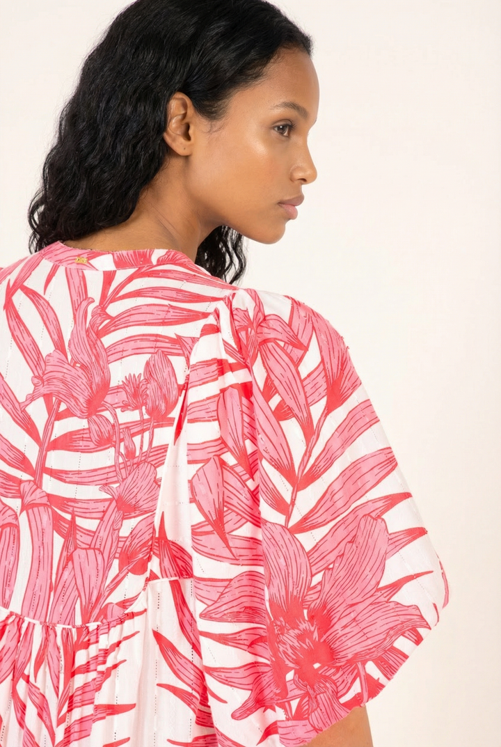Mini Dress Cruz - Pink Palm Leaf - Poupette St Barth