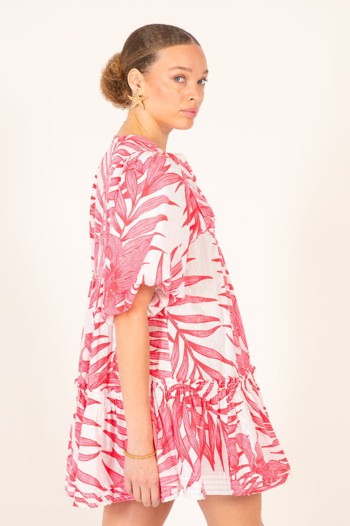 Mini Dress Cruz - Pink Palm Leaf - Poupette St Barth