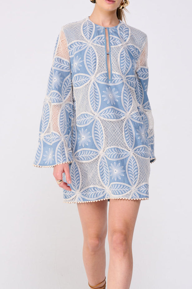 Blue Mini Dress Gia by Poupette St Barth with mandala pattern, featuring a stylish, lightweight design perfect for warm weather.