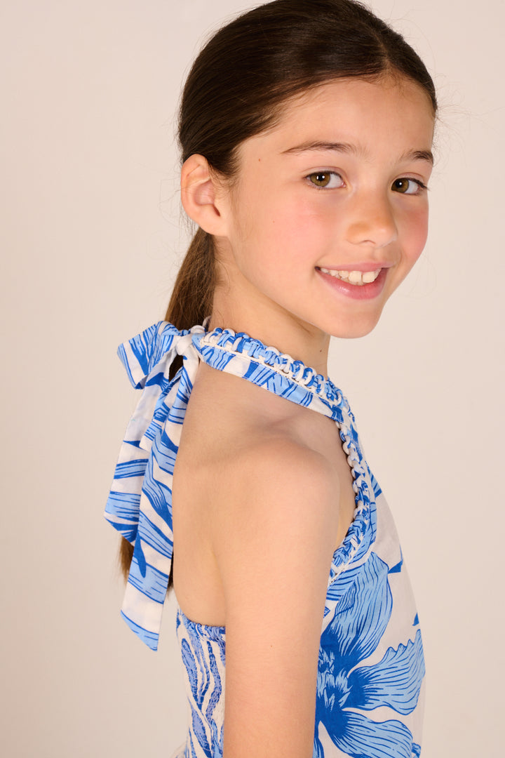 Mini Dress Manon for girls - Blue Palm Leaf - Poupette St Barth
