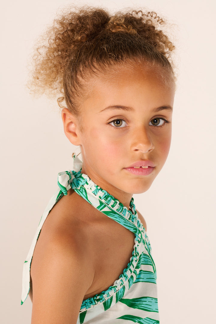 Mini Dress Manon for girls - Green Palm Leaf - Poupette St Barth