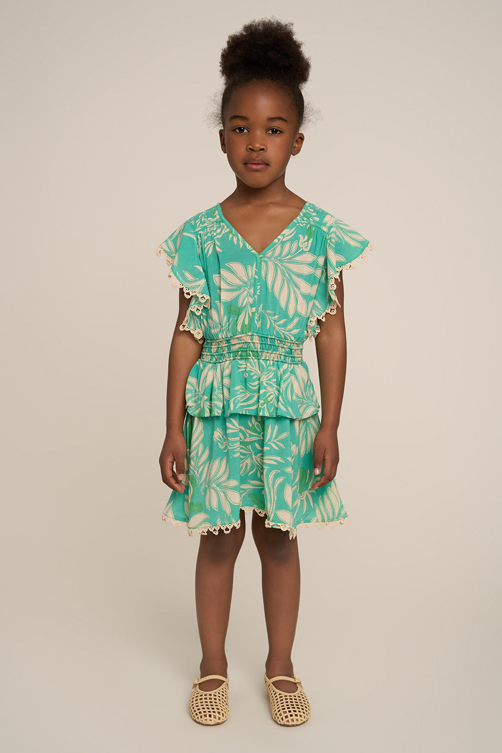 Girls' Aqua Kerylos Mini Dress Noemi by Poupette St Barth, front view showing lightweight fabric and feminine design.