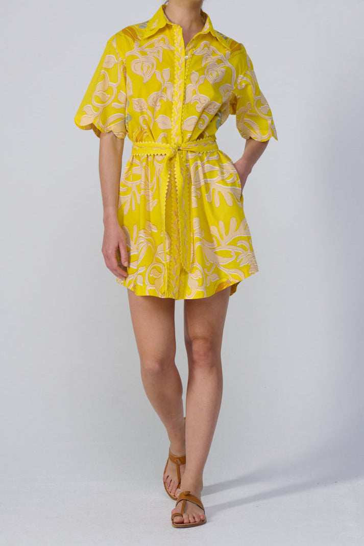 Yellow Ritual mini dress – Mini Dress Wes by Poupette St Barth, front view with belted waist and scalloped sleeves