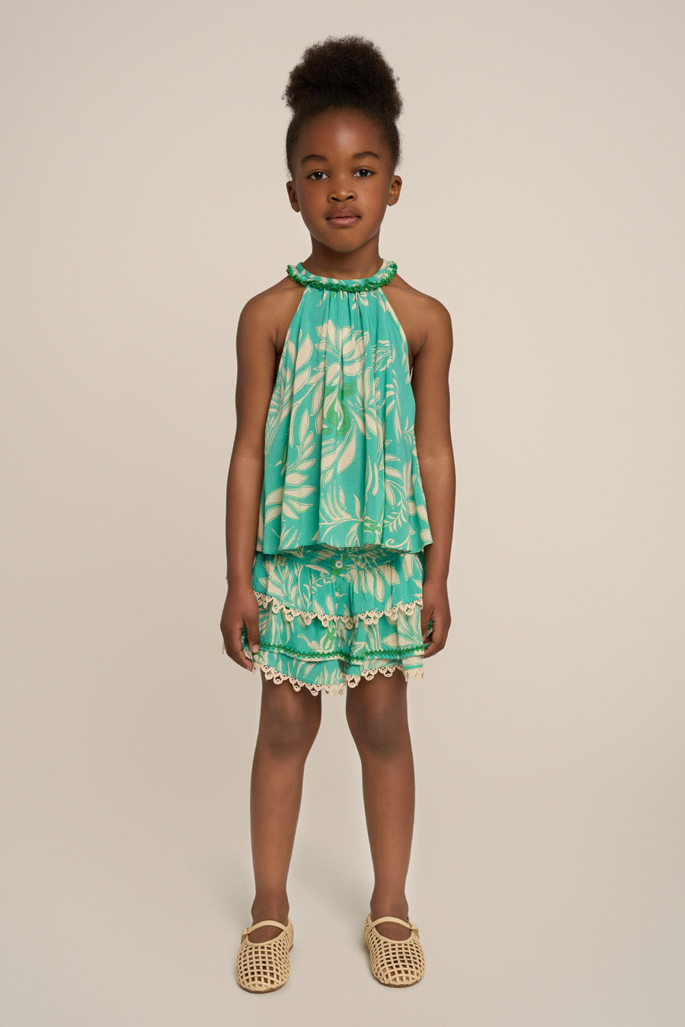 Girls' Aqua Kerylos Top by Poupette St Barth, front view showcasing lightweight fabric and stylish design.