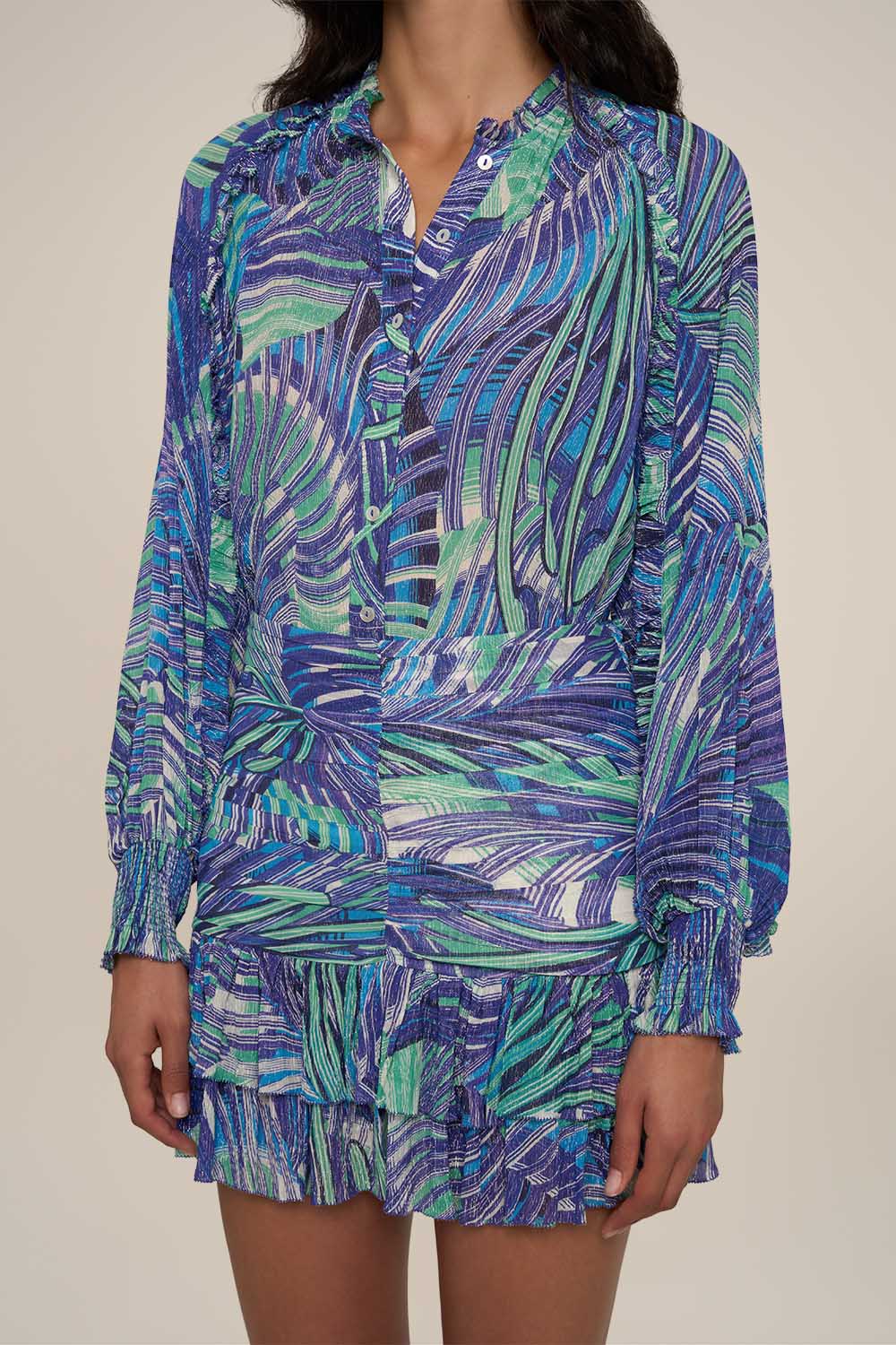 Blue Adeline shirt by Poupette St Barth, stylish tops with a relaxed fit and vibrant color, shown on a model.