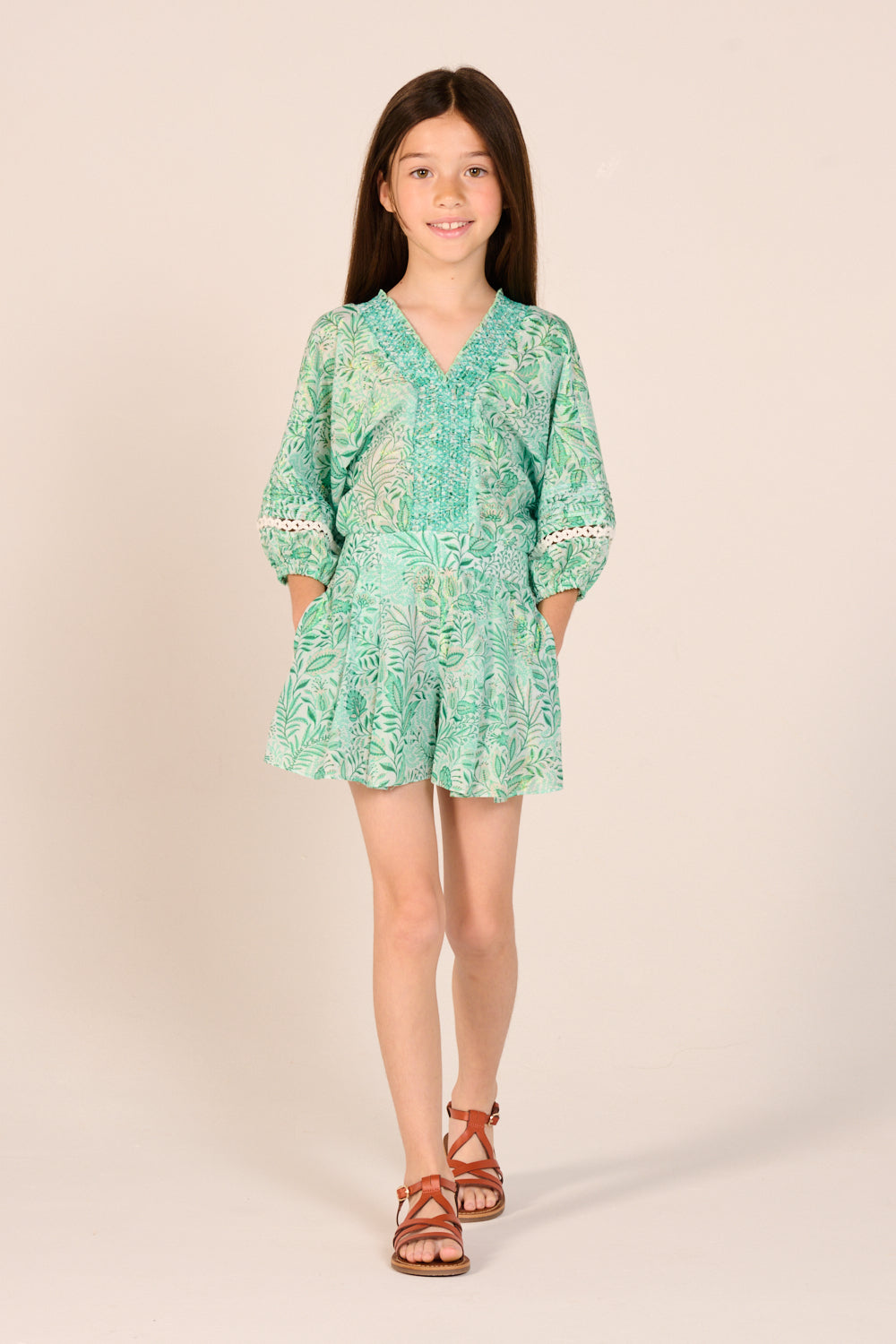 Short Jumpsuit Chantal for girls - Green Palmarosa - Poupette St Barth