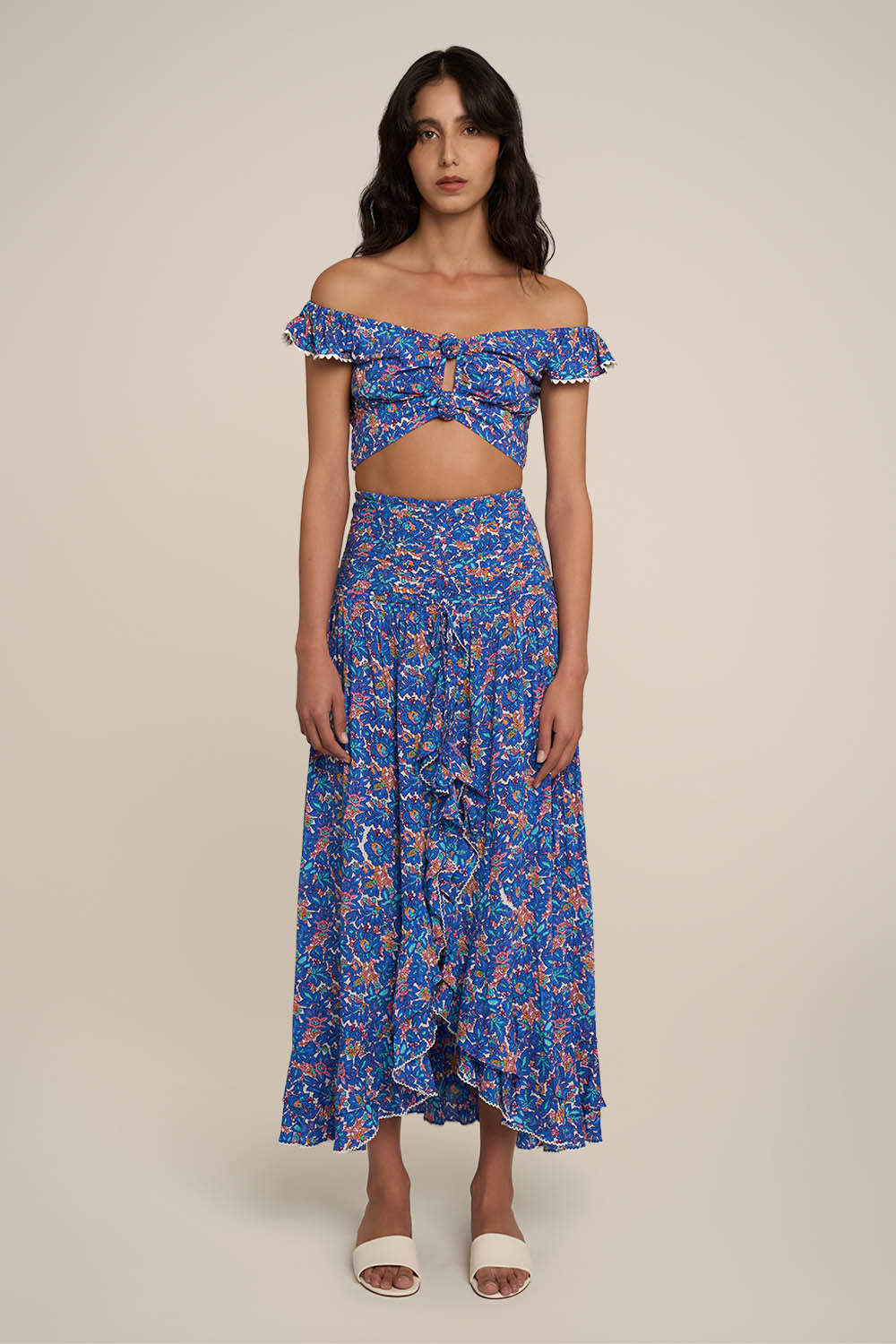 Blue Tiny Blooms long skirt – Long Skirt Neree by Poupette St Barth, front view, worn with the matching Top Bella
