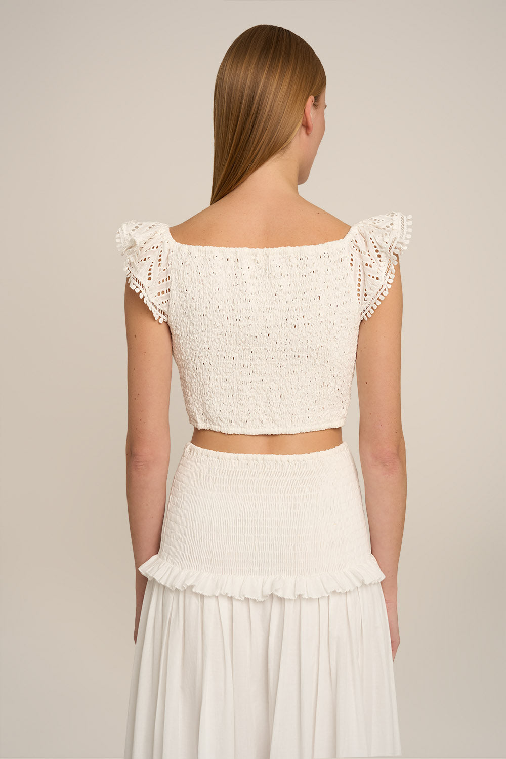 Poupette St Barth Top Bella in natural white, plain long skirt, front and back view, stylish and lightweight women's top.