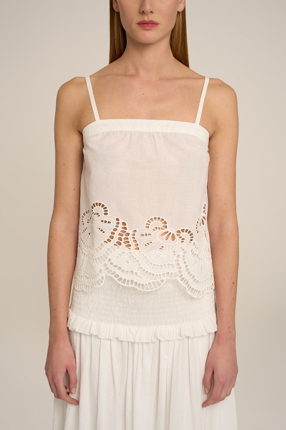 Poupette St Barth Top Daphne in natural white with a long skirt, featuring a sleek, minimalist design and soft fabric.