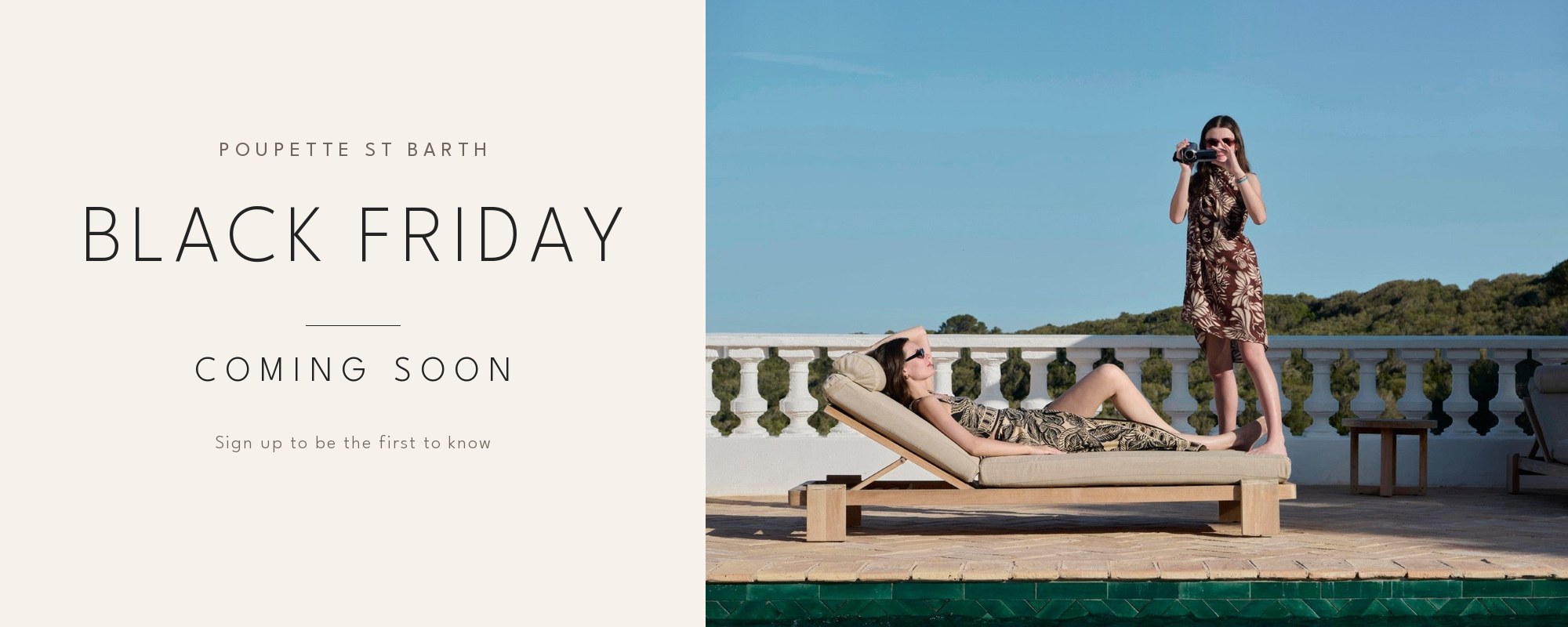 Black Friday coming soon at Poupette St Barth – woman and girl in brown tropical print dresses on a sunny pool terrace