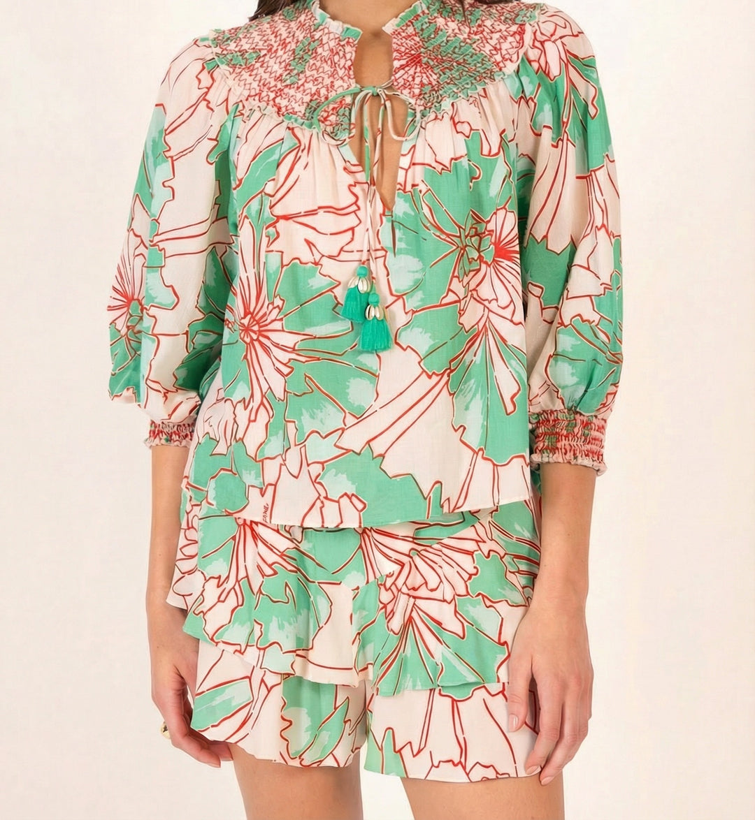Green cotton mousseline blouse Ysee by Poupette St Barth, featuring a relaxed fit and petal-inspired design.