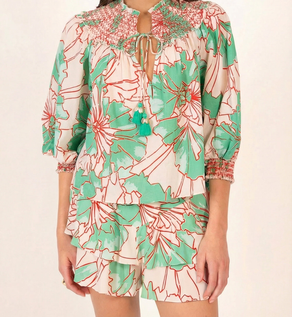 Green cotton mousseline blouse Ysee by Poupette St Barth, featuring a relaxed fit and petal-inspired design.
