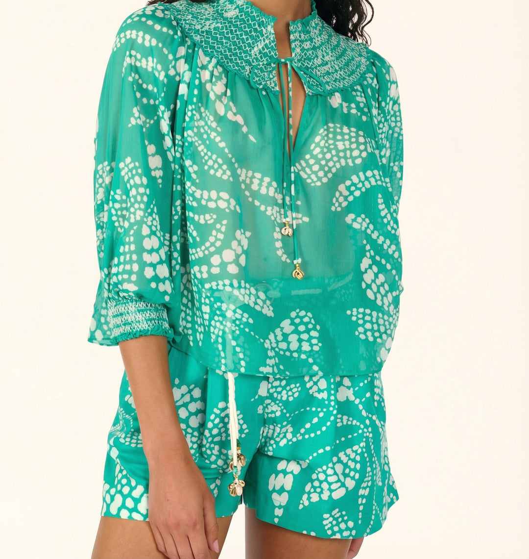 Poupette St Barth Mint Austral Blouse in cotton gauze, featuring a relaxed fit and elegant design, perfect for casual or dressy occasions.