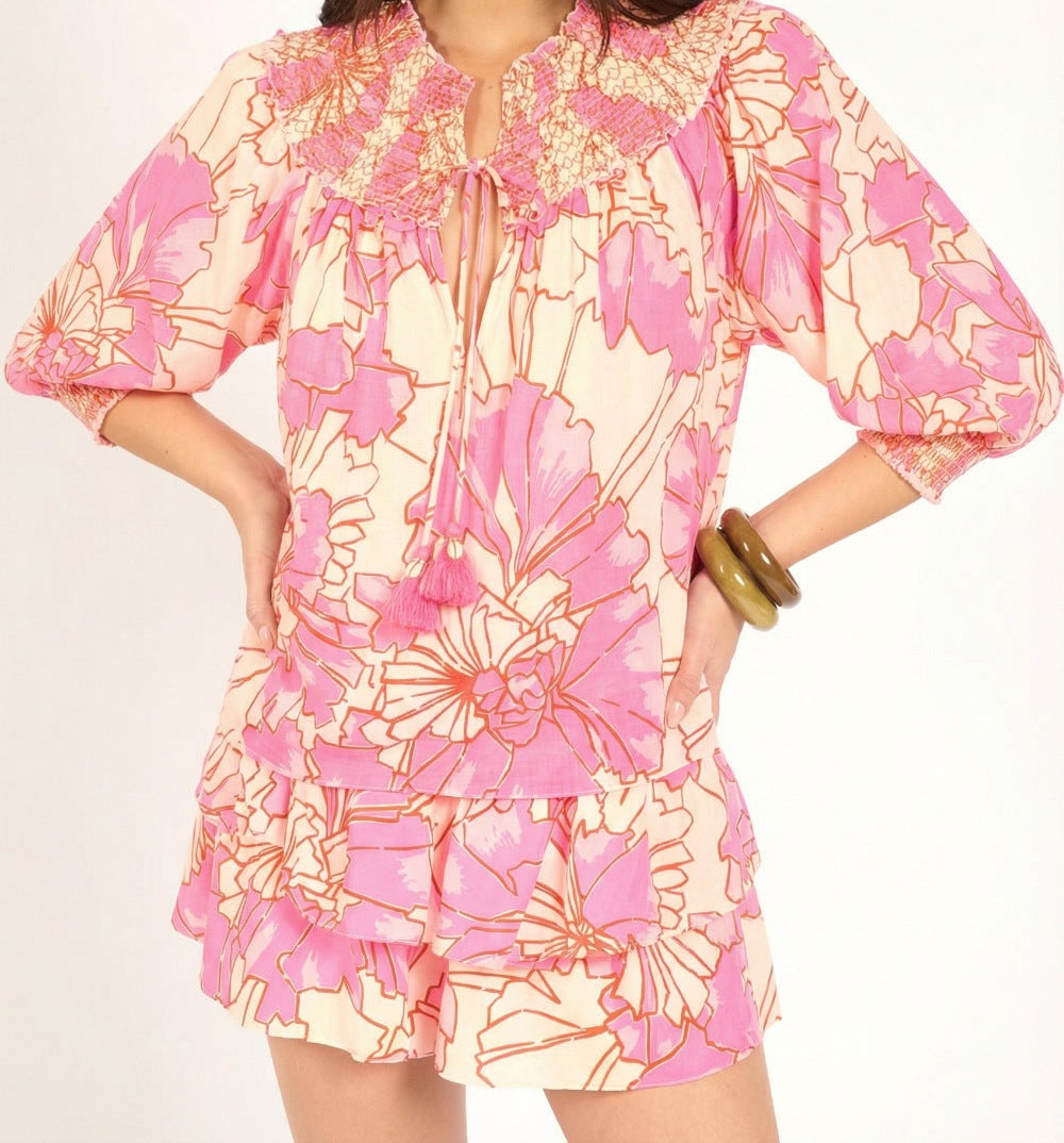 Pink cotton mousseline blouse from Poupette St Barth's Ysee collection, featuring a soft, flowy design and delicate petal details.