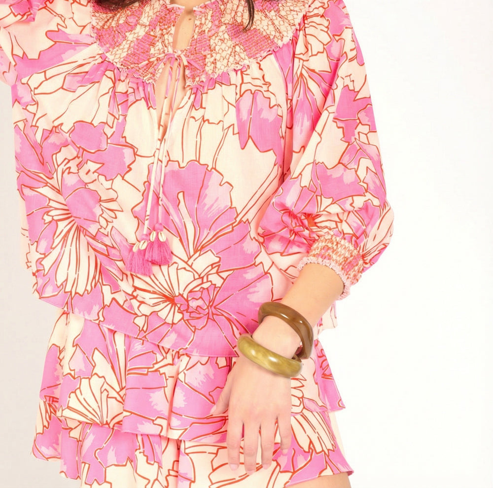 Poupette St Barth Pink Petal Blouse Ysee, lightweight cotton mousseline top with a feminine pink floral design.