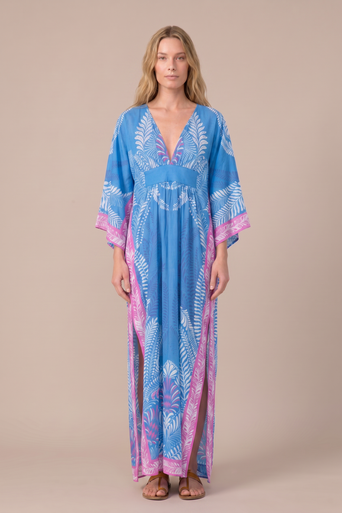 Blue Oolong kaftan – Kaftan Sol by Poupette St Barth, full-length front view with side slits