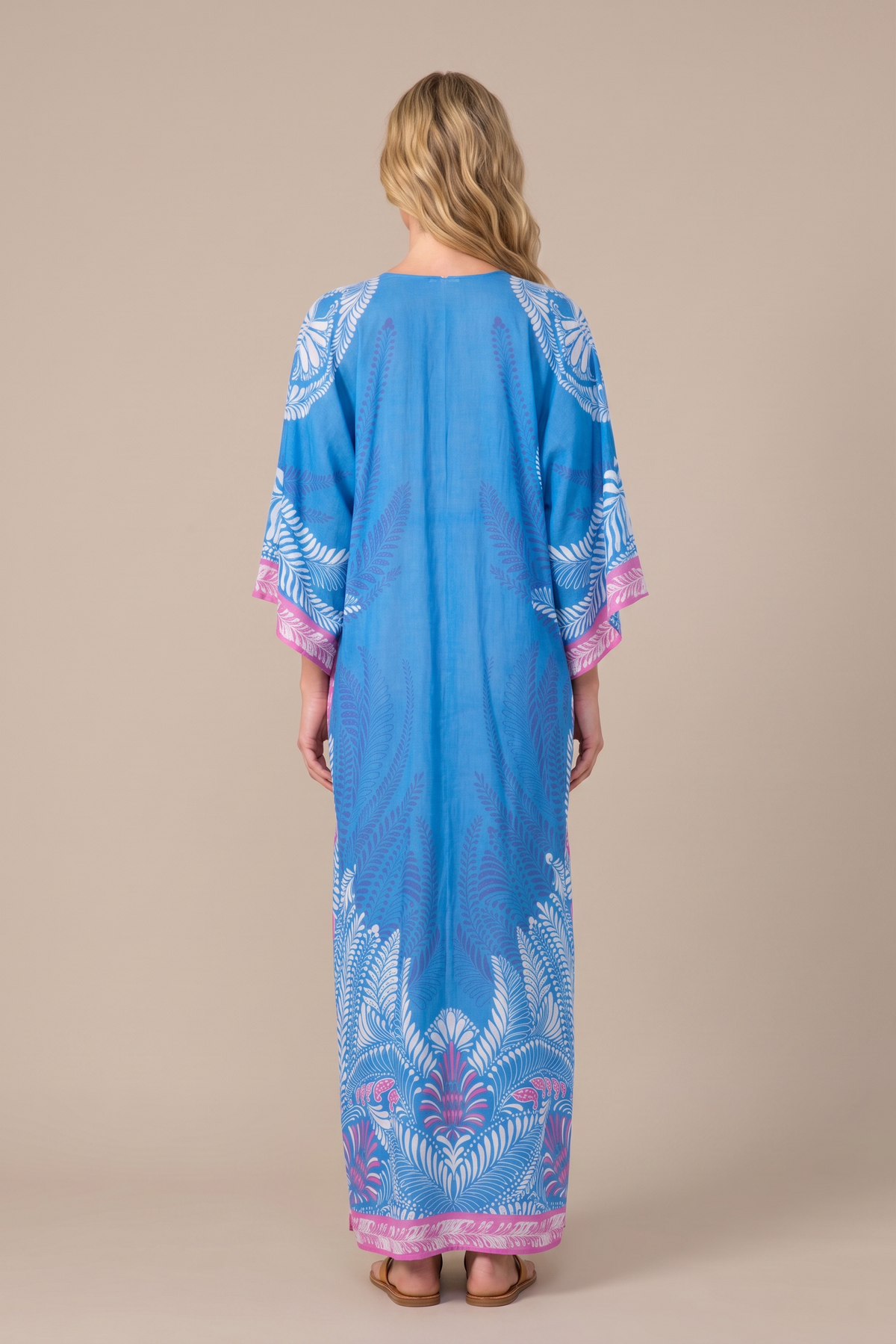 Blue Oolong kaftan – Kaftan Sol by Poupette St Barth, full-length back view with border hem