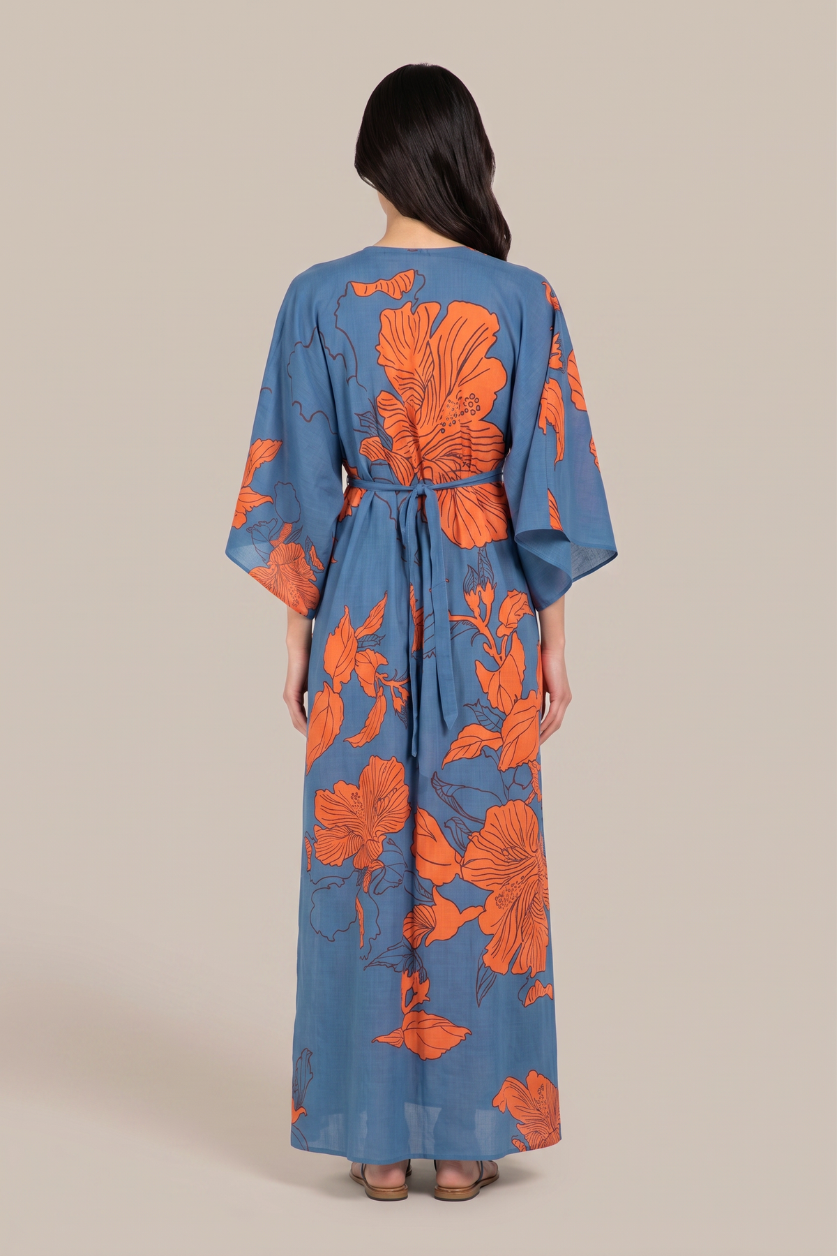 Blue Hibiscus kaftan – Kaftan Sol by Poupette St Barth, full-length back view with tie waist